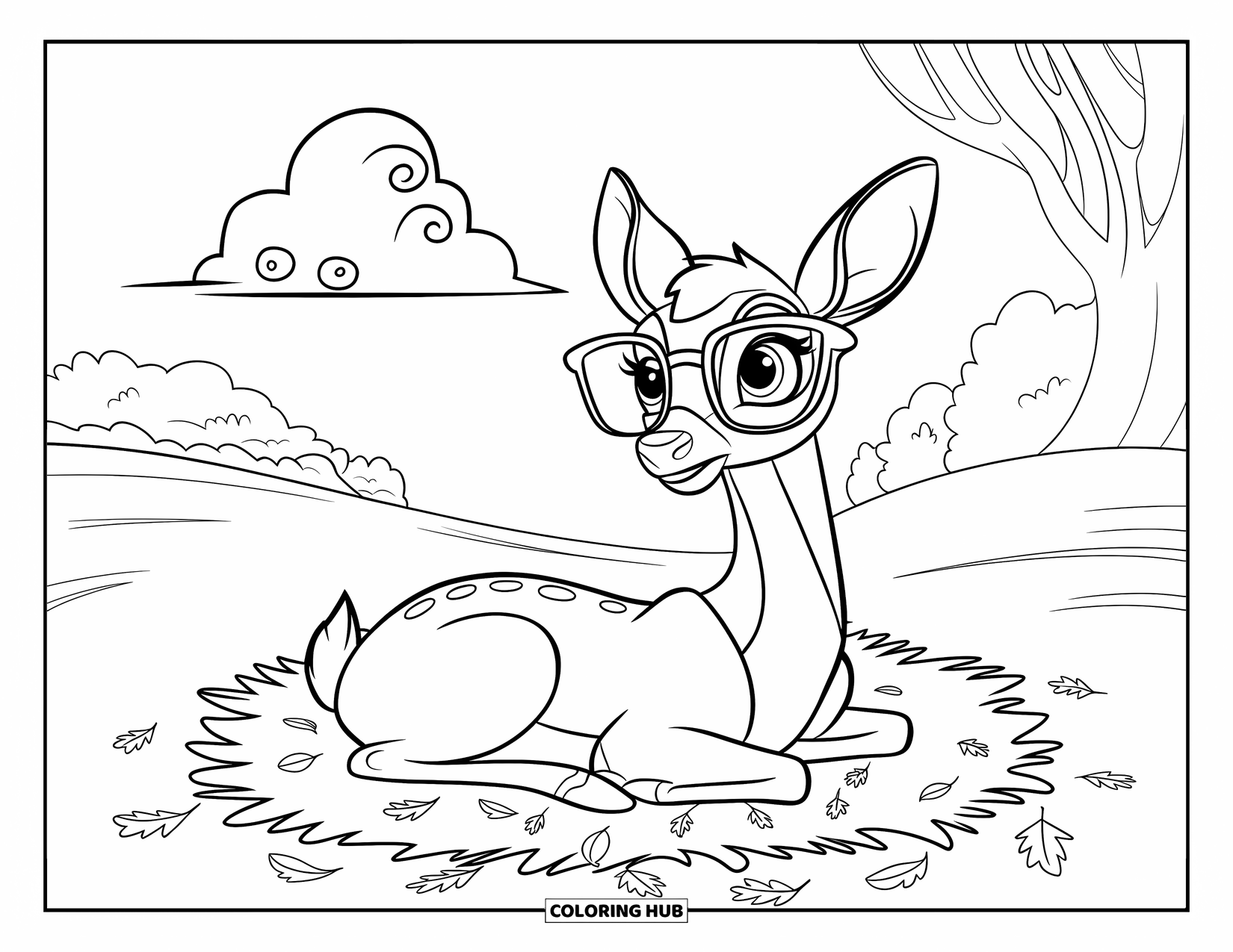 Disegno di cervo da colorare per bambini: Un cervo giace su un letto di foglie autunnali, guardando in su una nuvola che fluttua