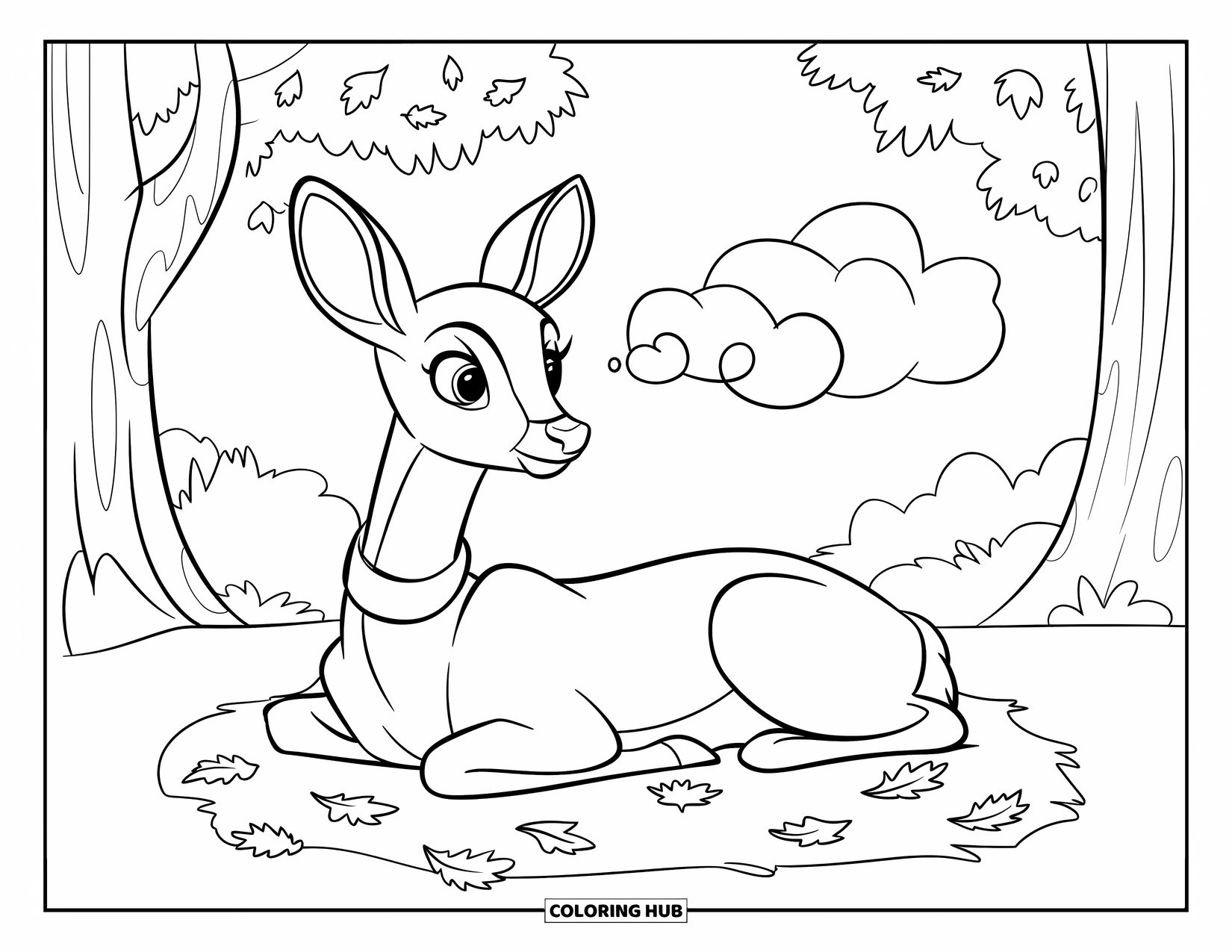 Disegno di cervo da colorare per bambini: Un cervo si rilassa su foglie autunnali, guardando il cielo mentre indossa un collare decorativo