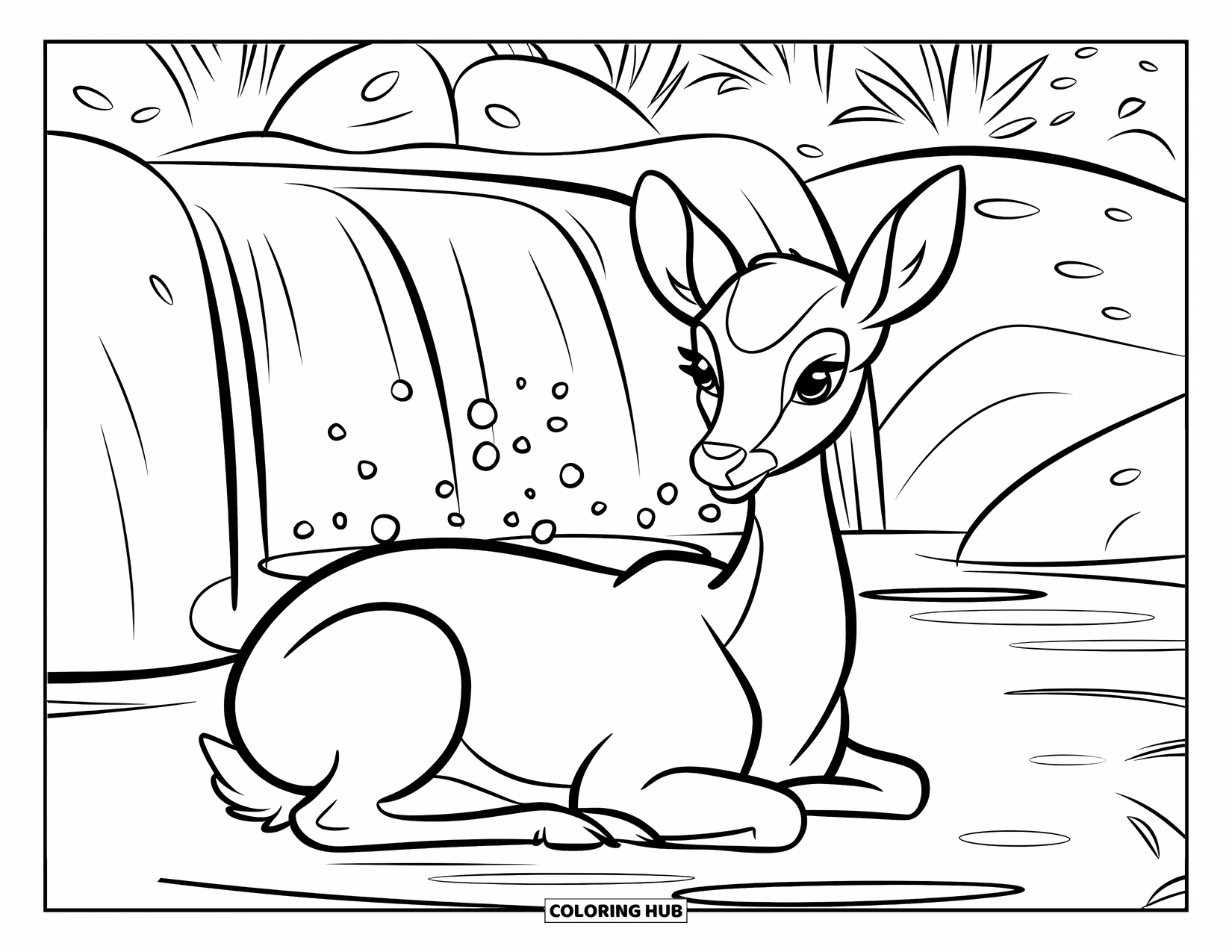 Disegno di cervo da colorare per bambini: Un cervo si rilassa vicino a una cascata incantata con sfere luminose e un tranquillo ambiente forestale