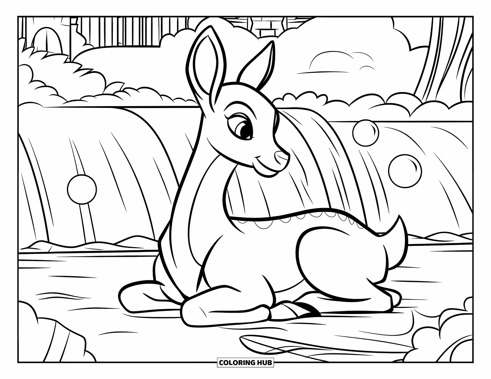 Disegno di cervo da colorare per bambini: Un cervo riposa vicino a una cascata con sfere luminose, un castello e una vegetazione lussureggiante
