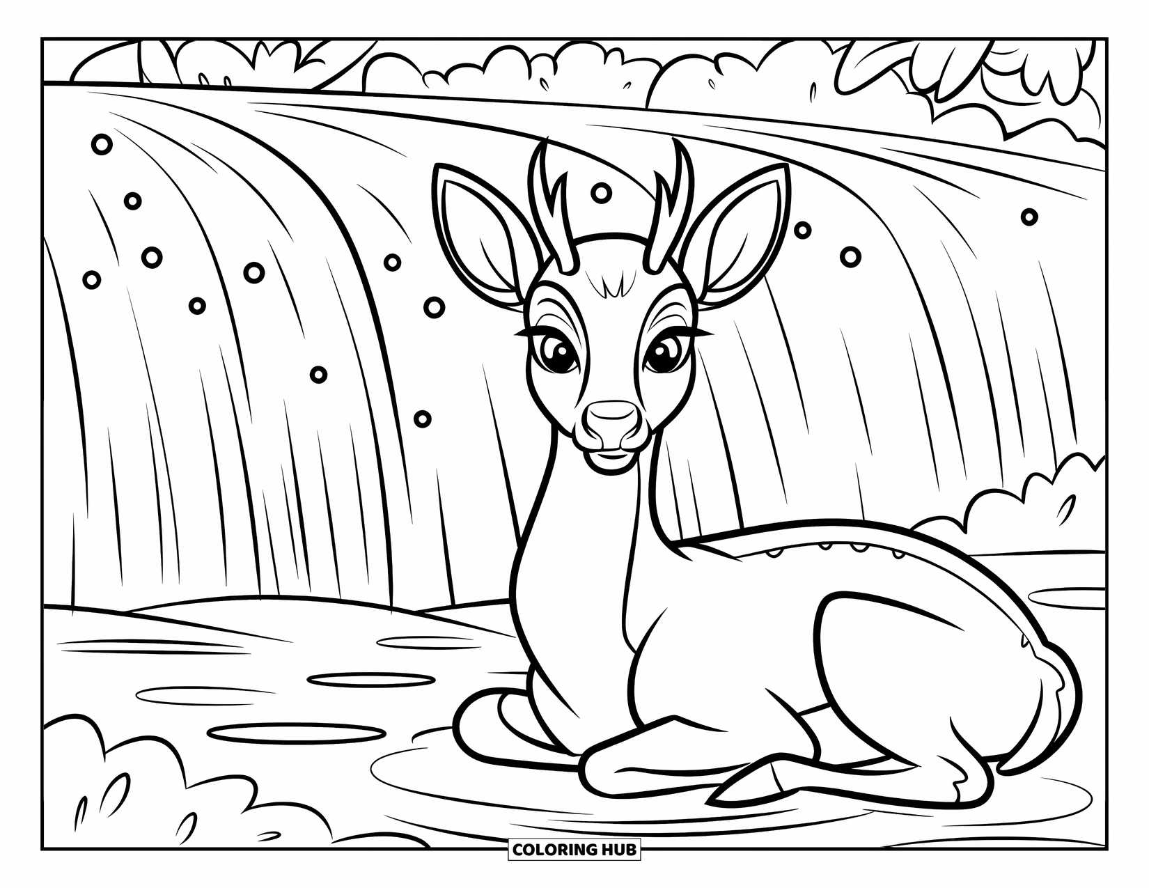 Disegno di cervo da colorare per bambini: Un cervo riposa vicino a una cascata magica circondata da sfere luminose e vegetazione lussureggiante