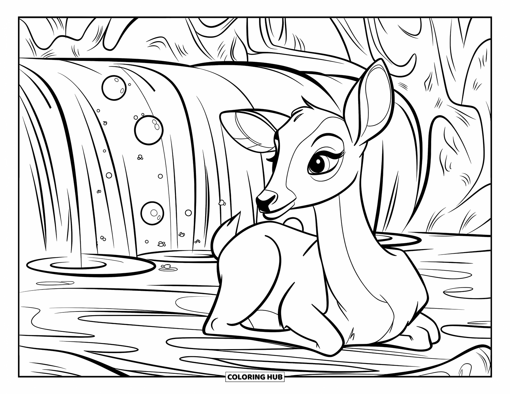 Disegno di cervo da colorare per bambini: Un cervo riposa vicino a una cascata incantata con sfere luminose e uno sfondo mistico