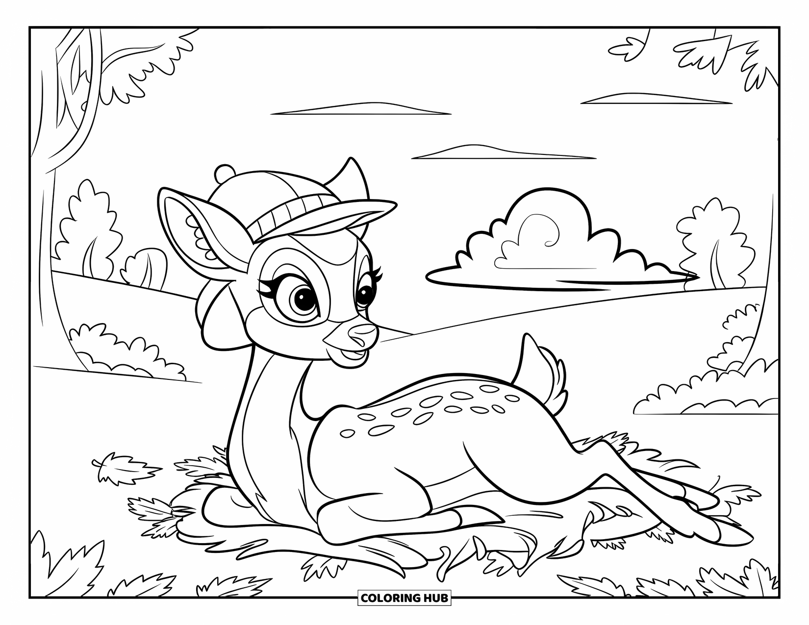 Disegno di cervo da colorare per bambini: Un cervo riposa su foglie autunnali cadute, guardando le nuvole passare nel cielo