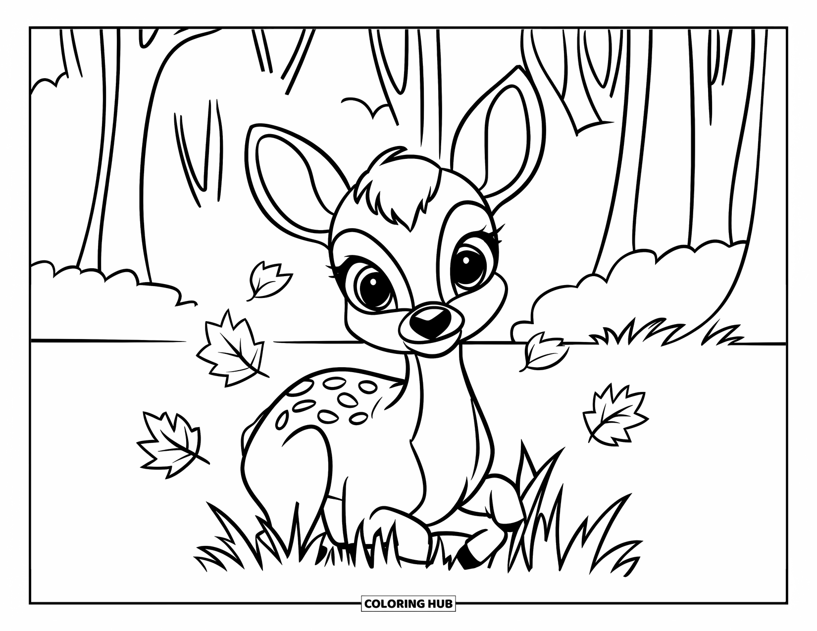 Disegno di cervo da colorare per bambini: Un cervo siede tra foglie autunnali sparse, circondato da alberi alti