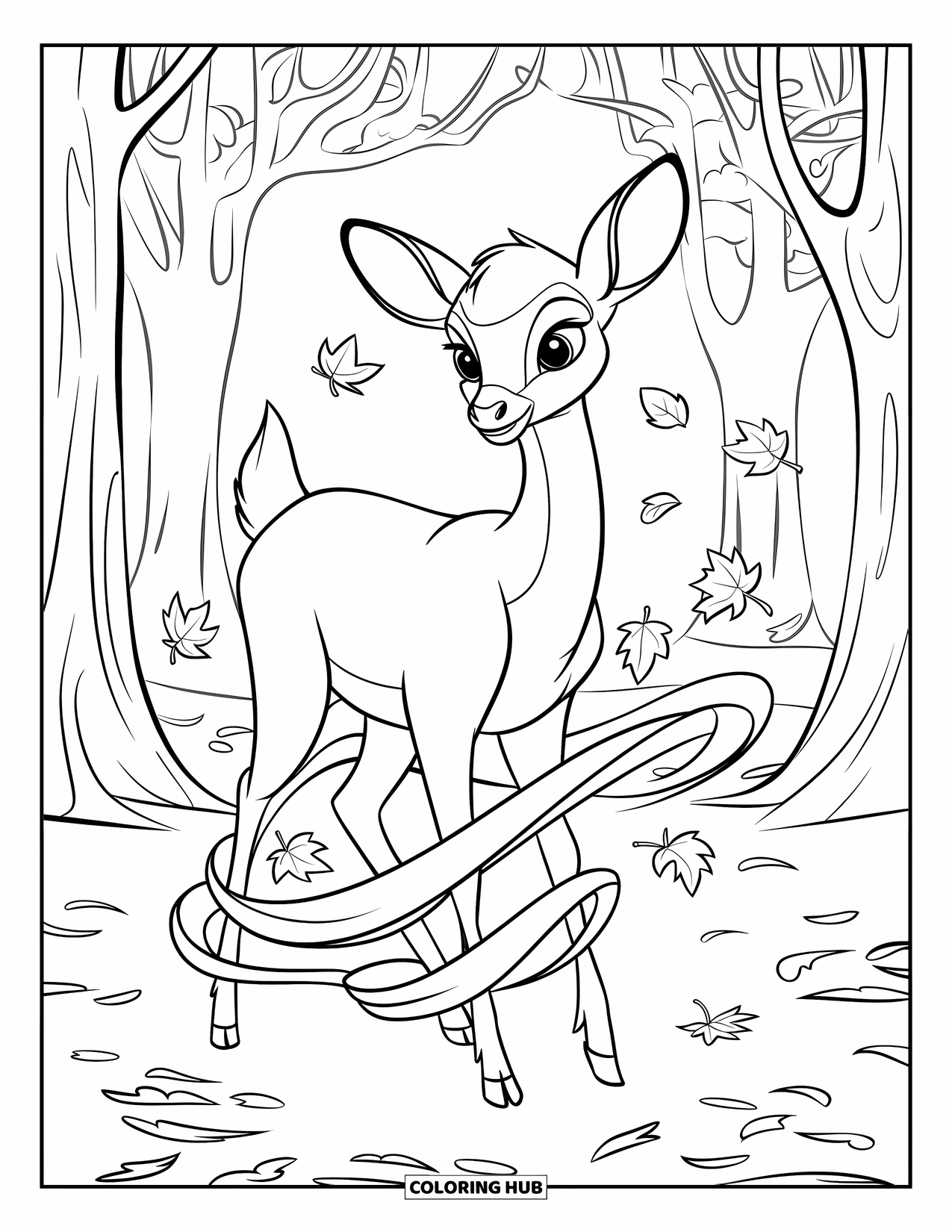 Disegno di cervo da colorare per bambini: Un cervo si erge calmo mentre foglie turbinanti danzano intorno alle sue zampe in una brezza autunnale