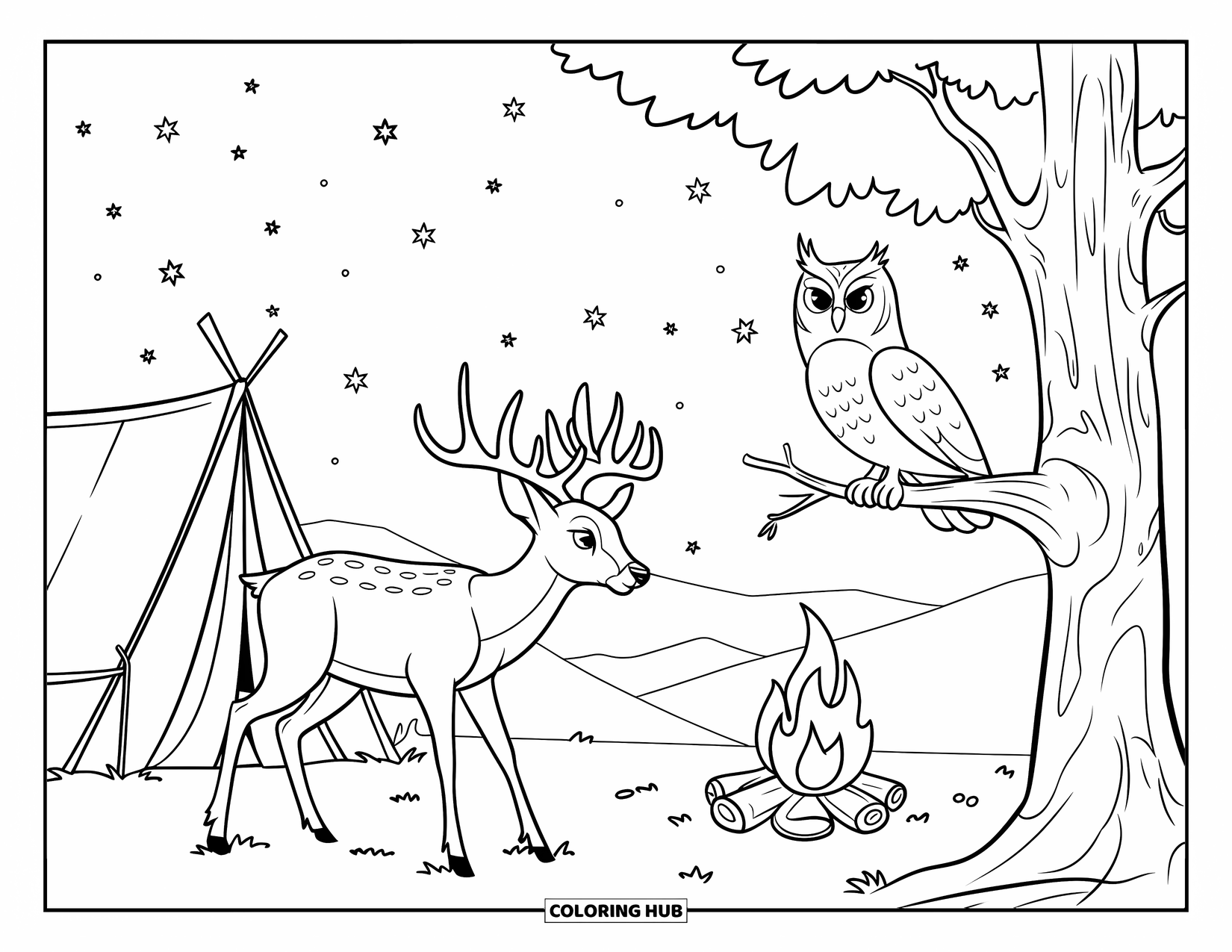 Disegno di cervo da colorare per bambini: Un cervo si erge vicino a una tenda e a un falò mentre un gufo osserva da un ramo