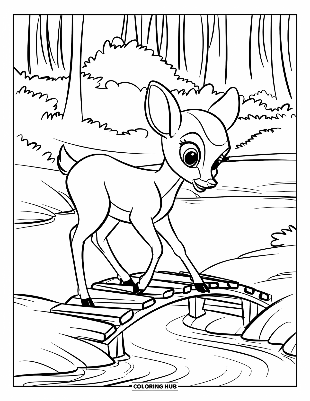 Disegno di cervo da colorare per bambini: Un cervo si erge su un piccolo ponte sopra un ruscello in una foresta tranquilla