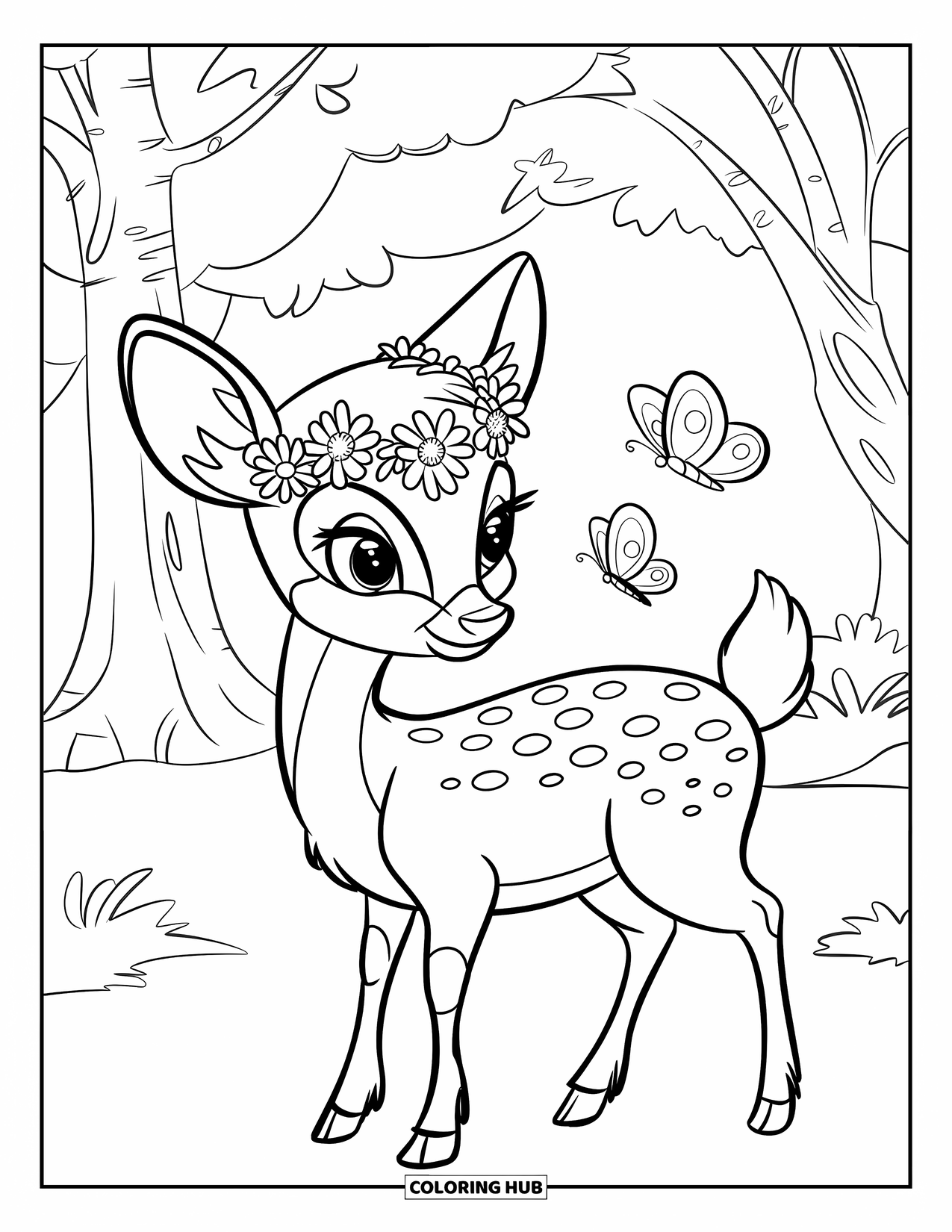 Disegno di cervo da colorare per bambini: Un cervo con una corona floreale e farfalle si erge in una foresta con alberi alti