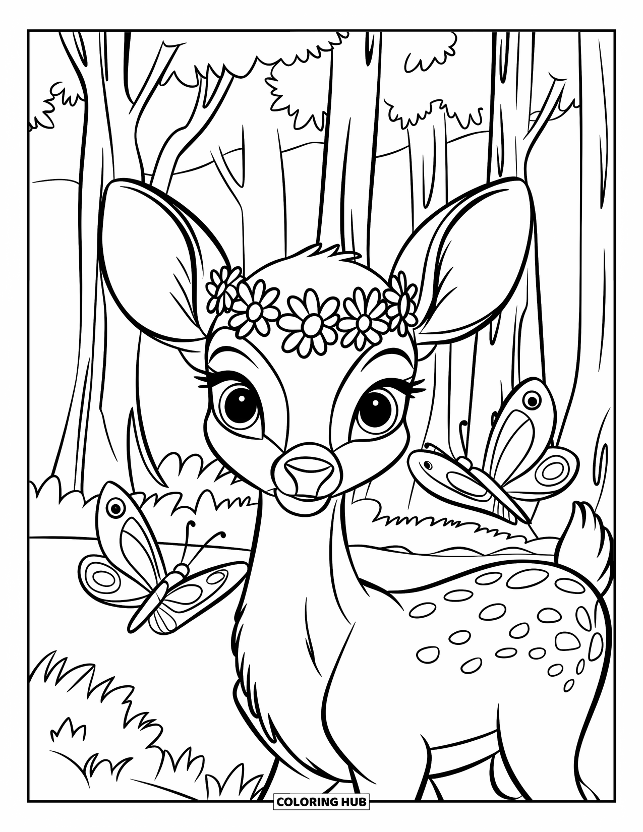 Disegno di cervo da colorare per bambini: Un cervo con una corona floreale si erge tra alberi alti, circondato da farfalle