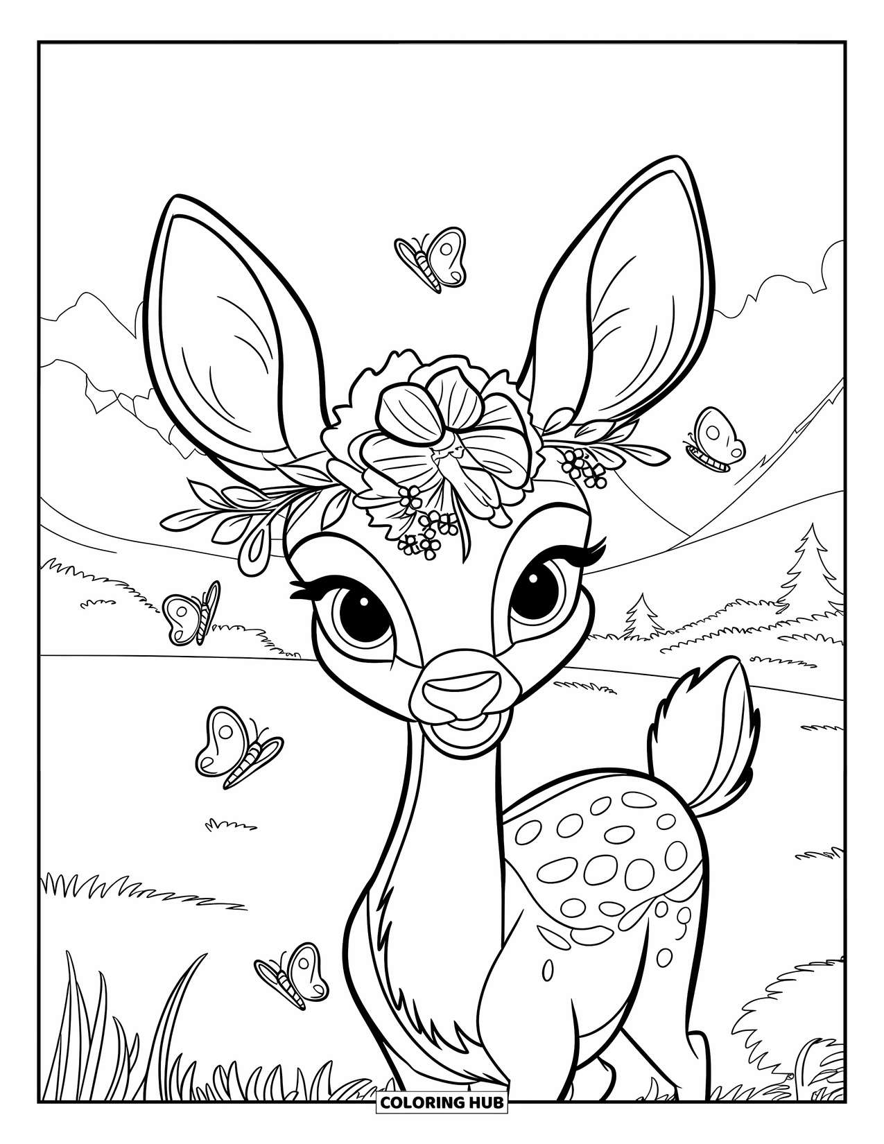 Disegno di cervo da colorare per bambini: Un cervo con una corona di fiori si erge in un campo erboso con un paesaggio sereno