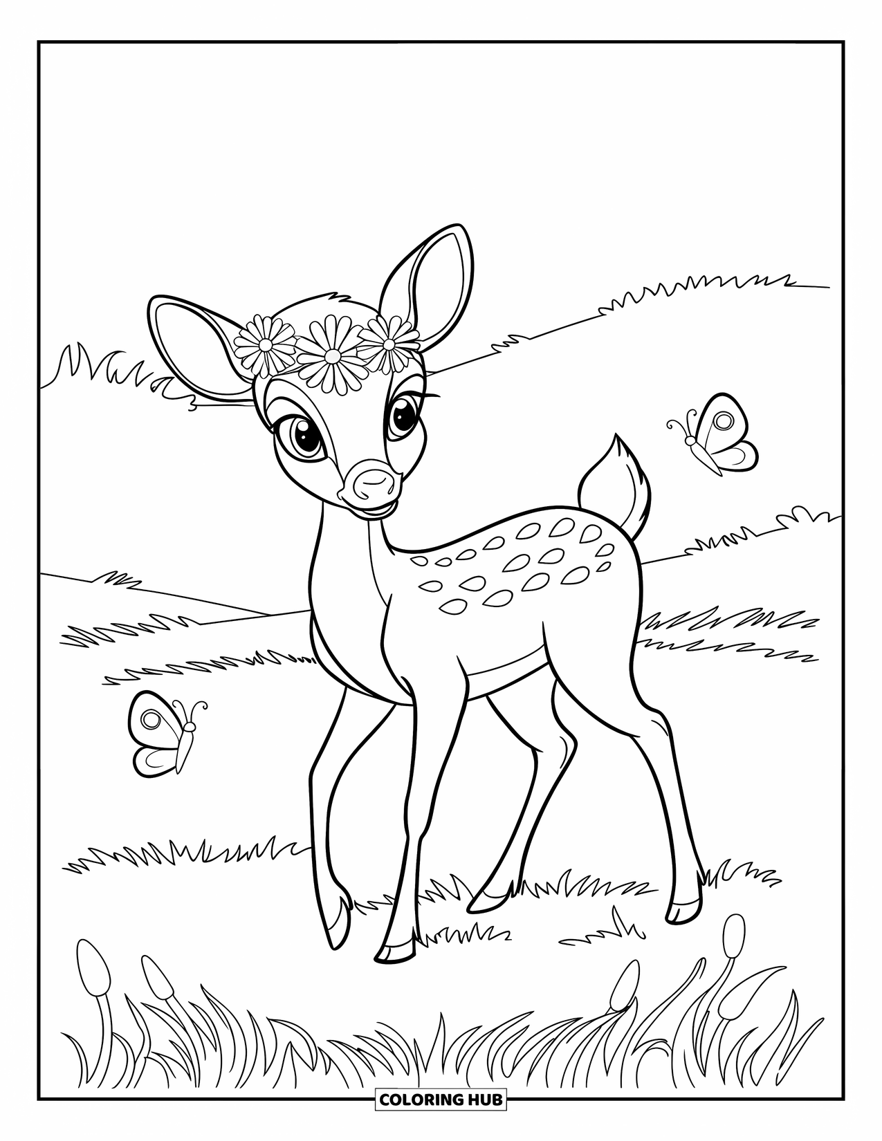 Disegno di cervo da colorare per bambini: Un cervo con una corona di fiori si erge in un campo tranquillo con farfalle nelle vicinanze