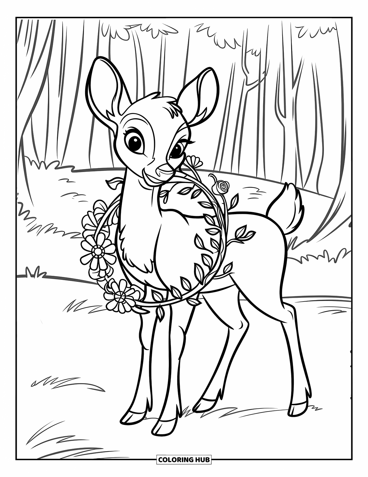 Disegno di cervo da colorare per bambini: Un cervo con una ghirlanda di fiori si erge in una serena foresta piena di vegetazione lussureggiante