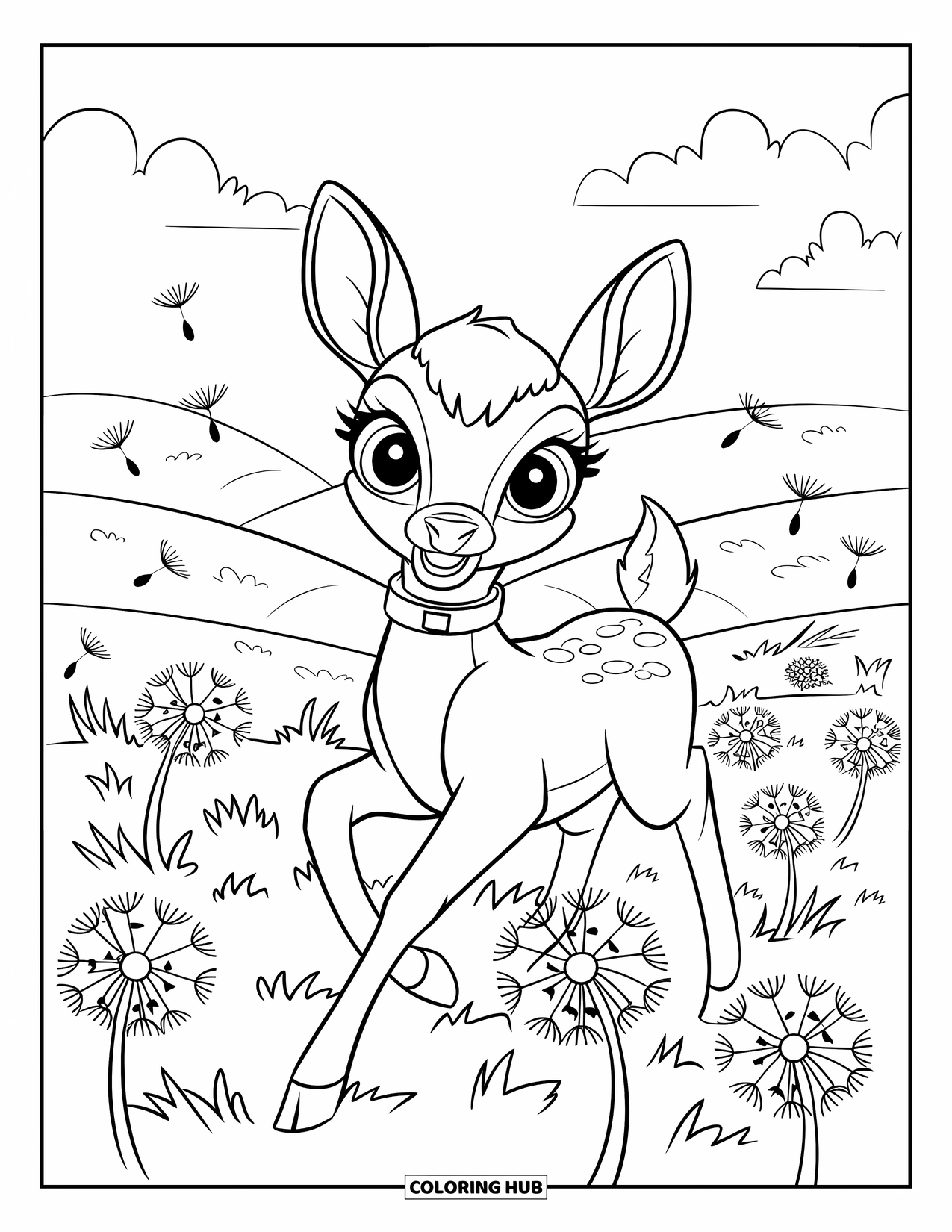 Disegno di cervo da colorare per bambini: Un cervo con una coda folta sfreccia attraverso un campo di denti di leone in fiore