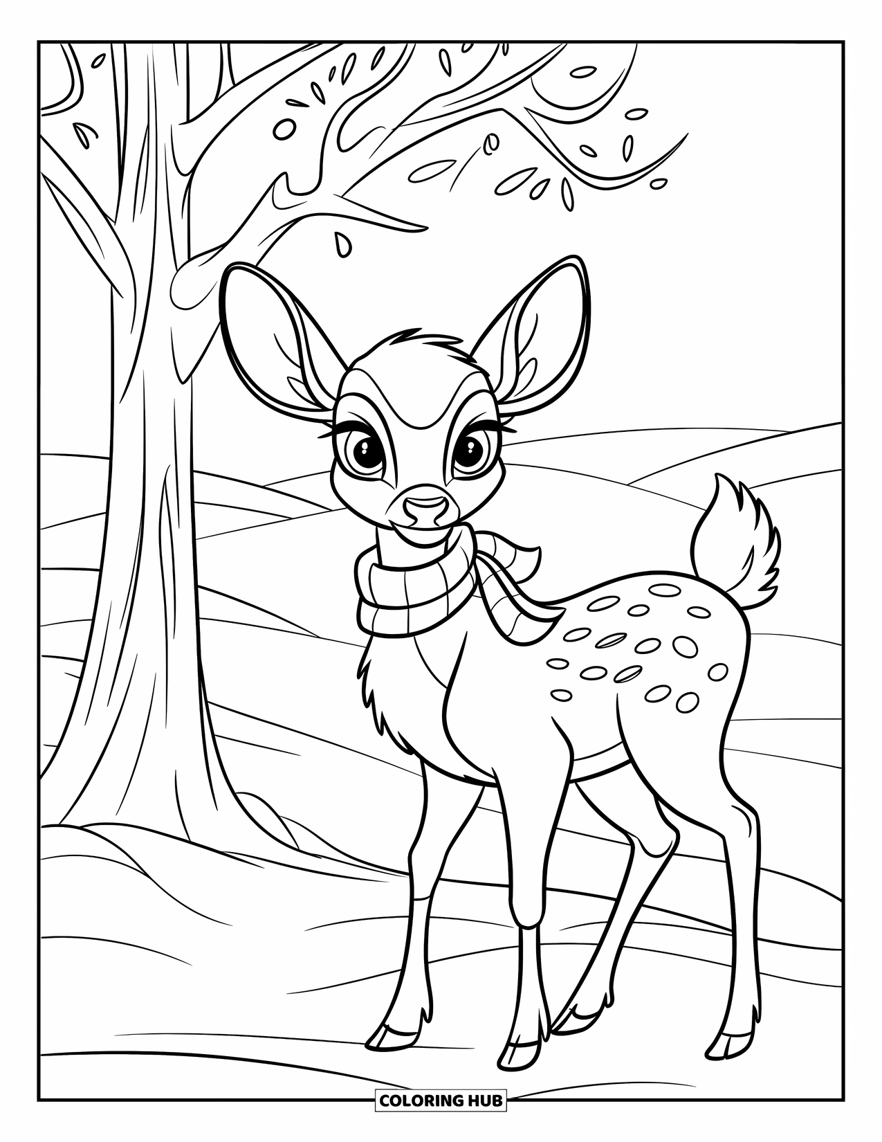 Disegno di cervo da colorare per bambini: Un cervo con una sciarpa si erge vicino a un albero innevato in un tranquillo paesaggio invernale