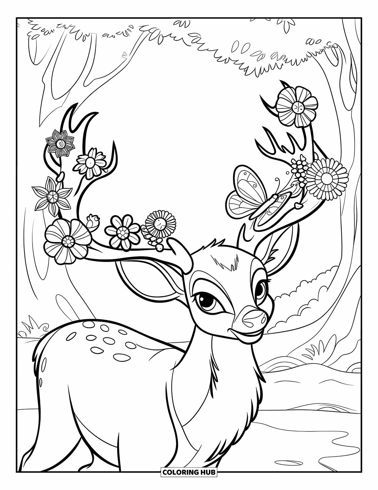 Disegno di cervo da colorare per bambini: Un cervo con fiori in fiore sulle corna si erge con grazia in una foresta verde