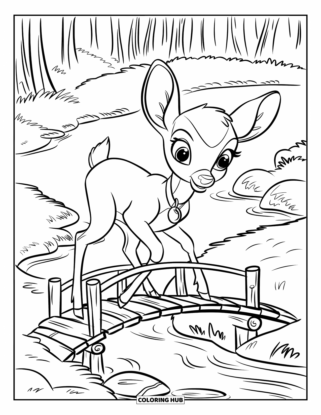 Disegno di cervo da colorare per bambini: Un cervo con occhi espressivi attraversa un ponte di legno sopra un tranquillo ruscello forestale