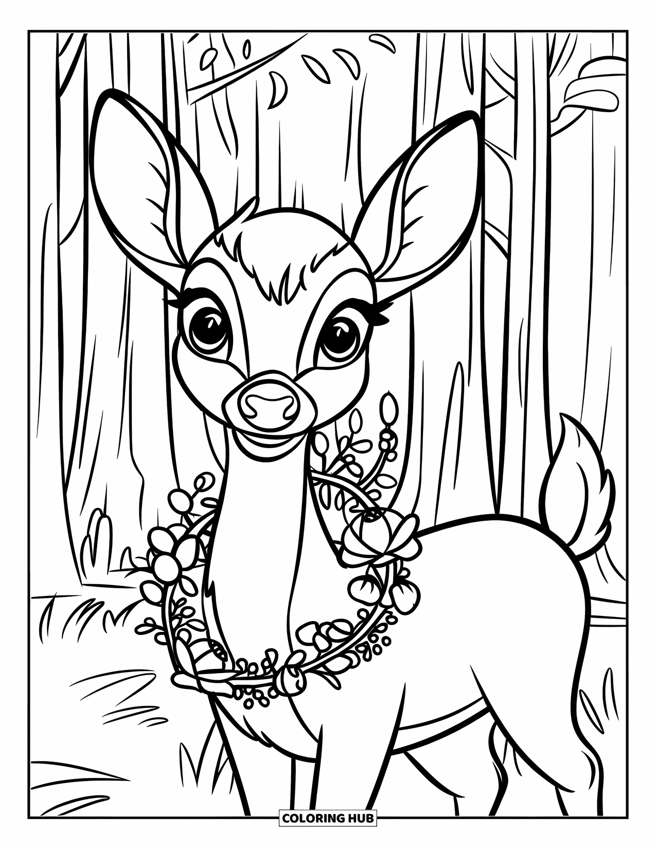 Disegno di cervo da colorare per bambini: Un cervo con occhi espressivi indossa una ghirlanda floreale mentre si trova tra alberi alti