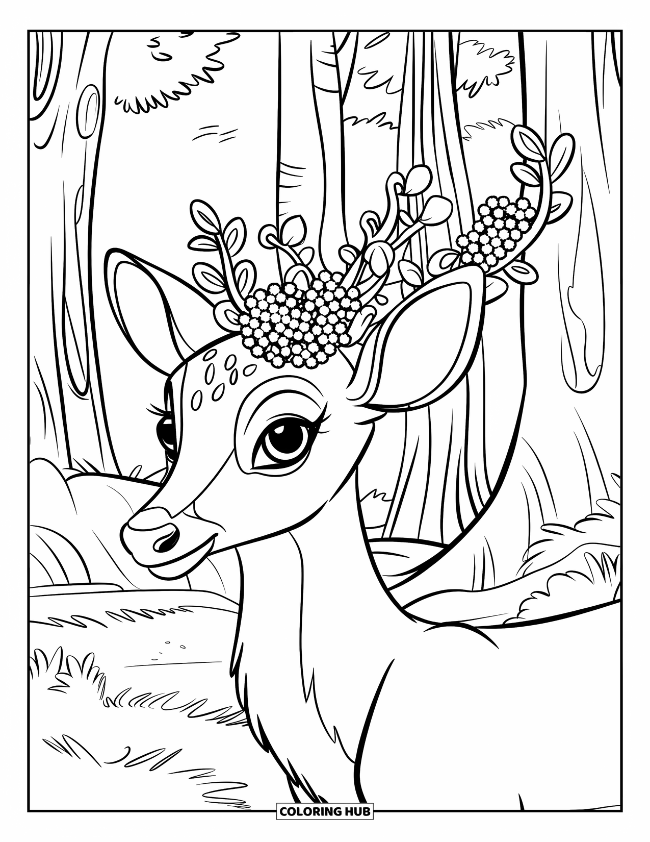 Disegno di cervo da colorare per bambini: Un cervo con corna adornate di fiori si erge in una lussureggiante foresta con alberi alti