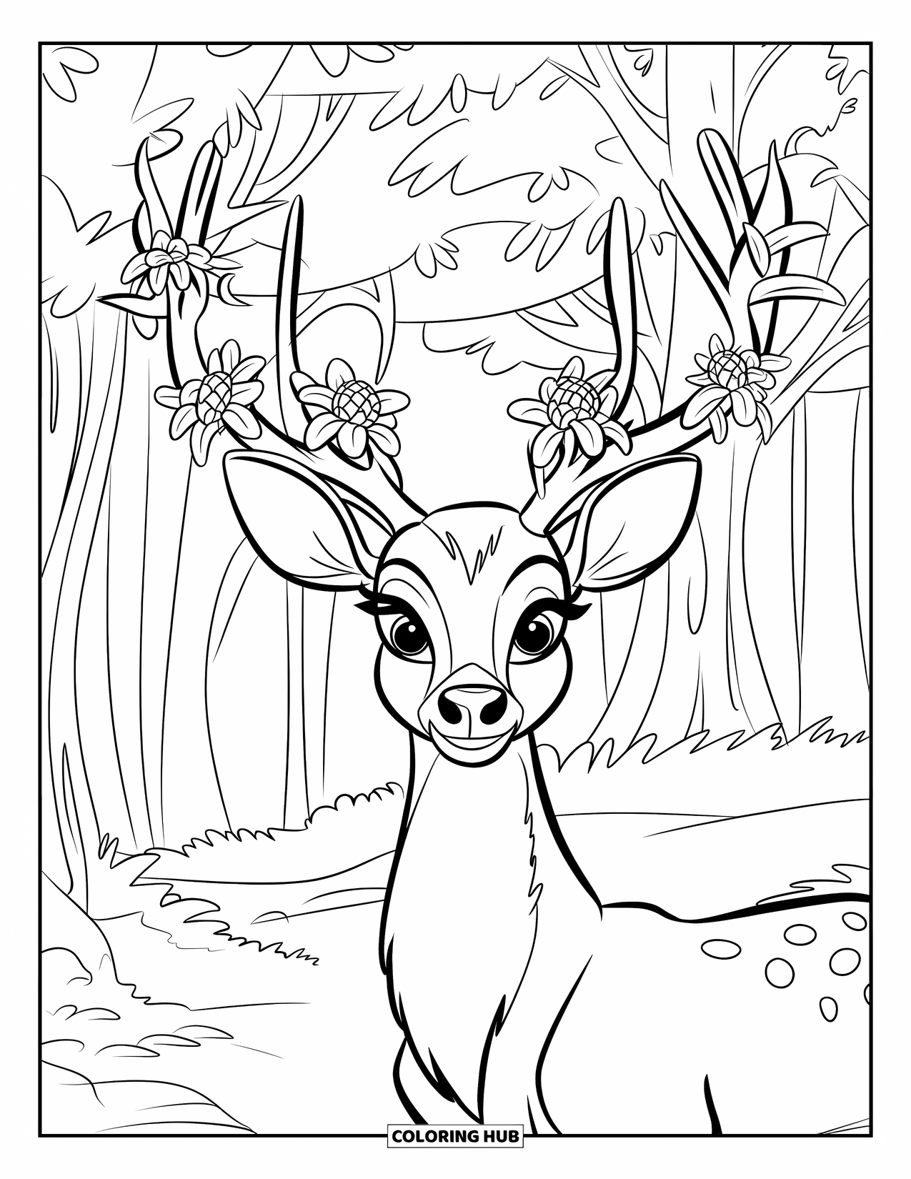 Disegno di cervo da colorare per bambini: Un cervo con corna coperte di fiori si erge tra gli alberi mentre una farfalla riposa nelle vicinanze