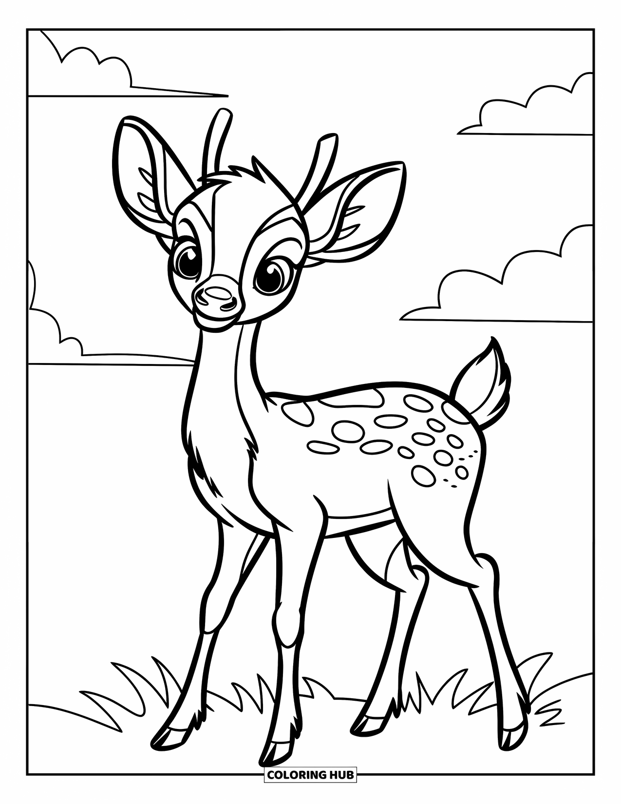 Disegno di cervo da colorare per bambini: Un cervo con piccole corna si erge in un campo erboso sotto un cielo nuvoloso