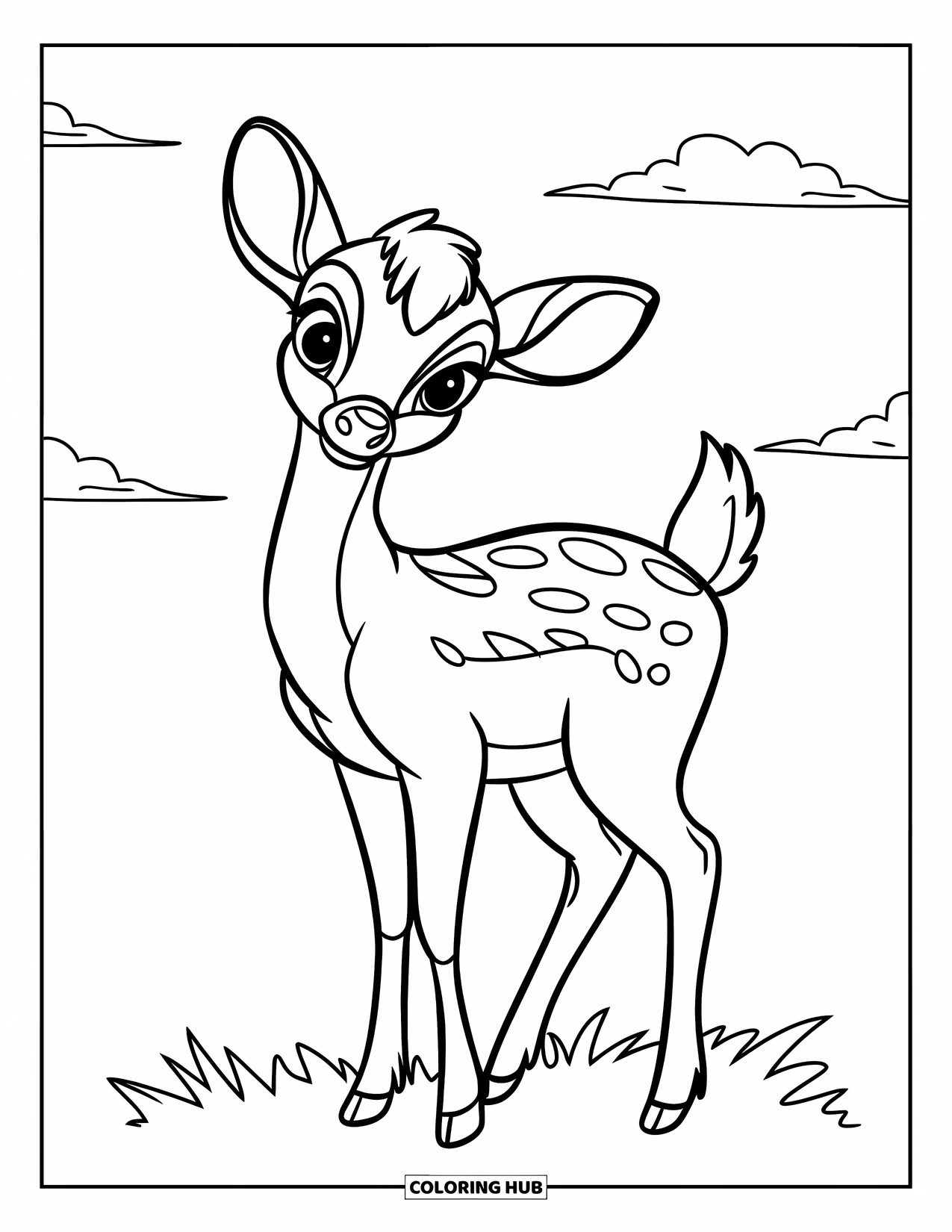 Disegno di cervo da colorare per bambini: Un cervo con piccole corna si erge in un prato sotto un vasto cielo aperto