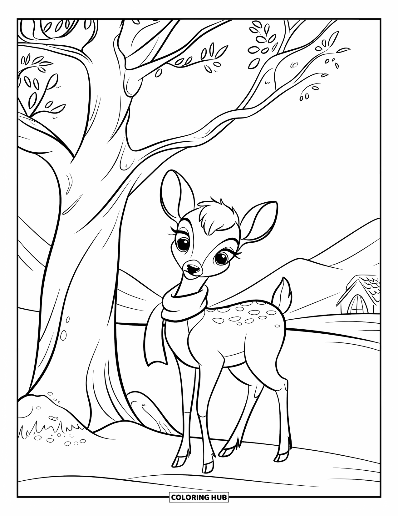 Disegno di cervo da colorare per bambini: Un cervo avvolto in una sciarpa si erge vicino a un albero innevato con dolci colline sullo sfondo