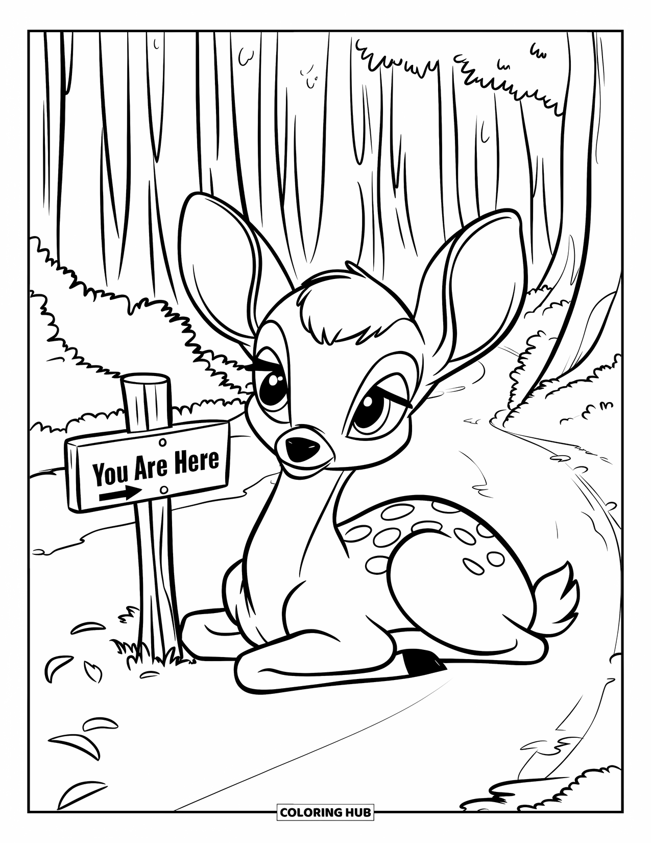 Disegno di cervo da colorare per bambini: Un cerbiatto si rilassa vicino a un cartello su un sentiero coperto di foglie circondato da alberi