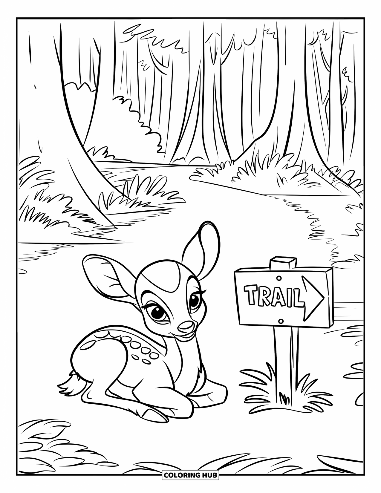 Disegno di cervo da colorare per bambini: Un cerbiatto riposa accanto a un cartello di legno su un tranquillo sentiero forestale