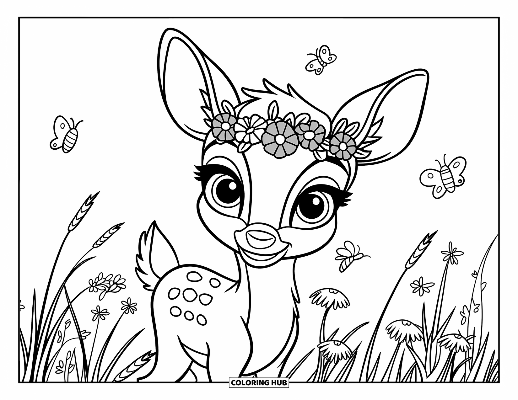 Disegno di cervo da colorare per bambini: Un cervo gentile che indossa una corona floreale si erge in un prato con fiori in fiore