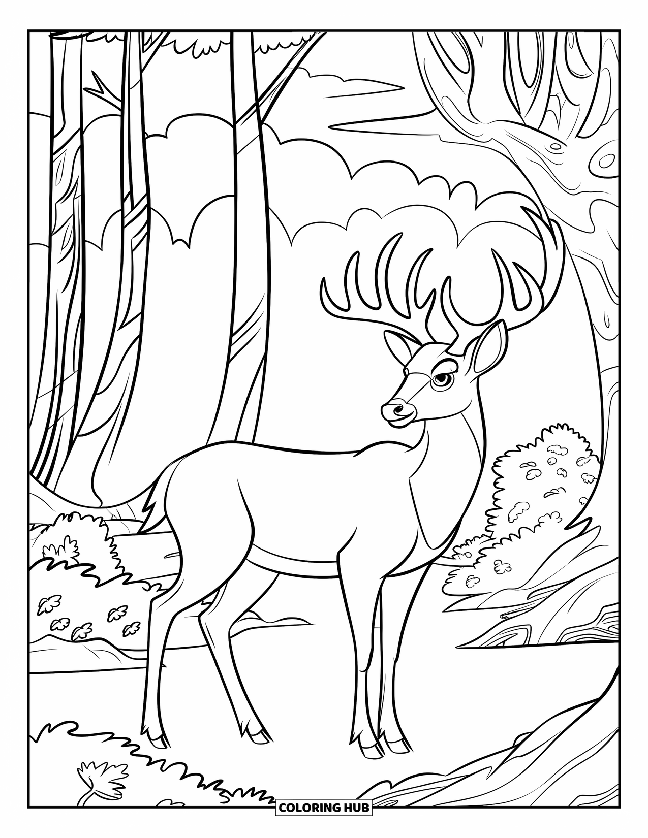 Disegno di cervo da colorare per bambini: Un cervo maestoso con corna ricurve si erge in una foresta piena di alberi nodosi