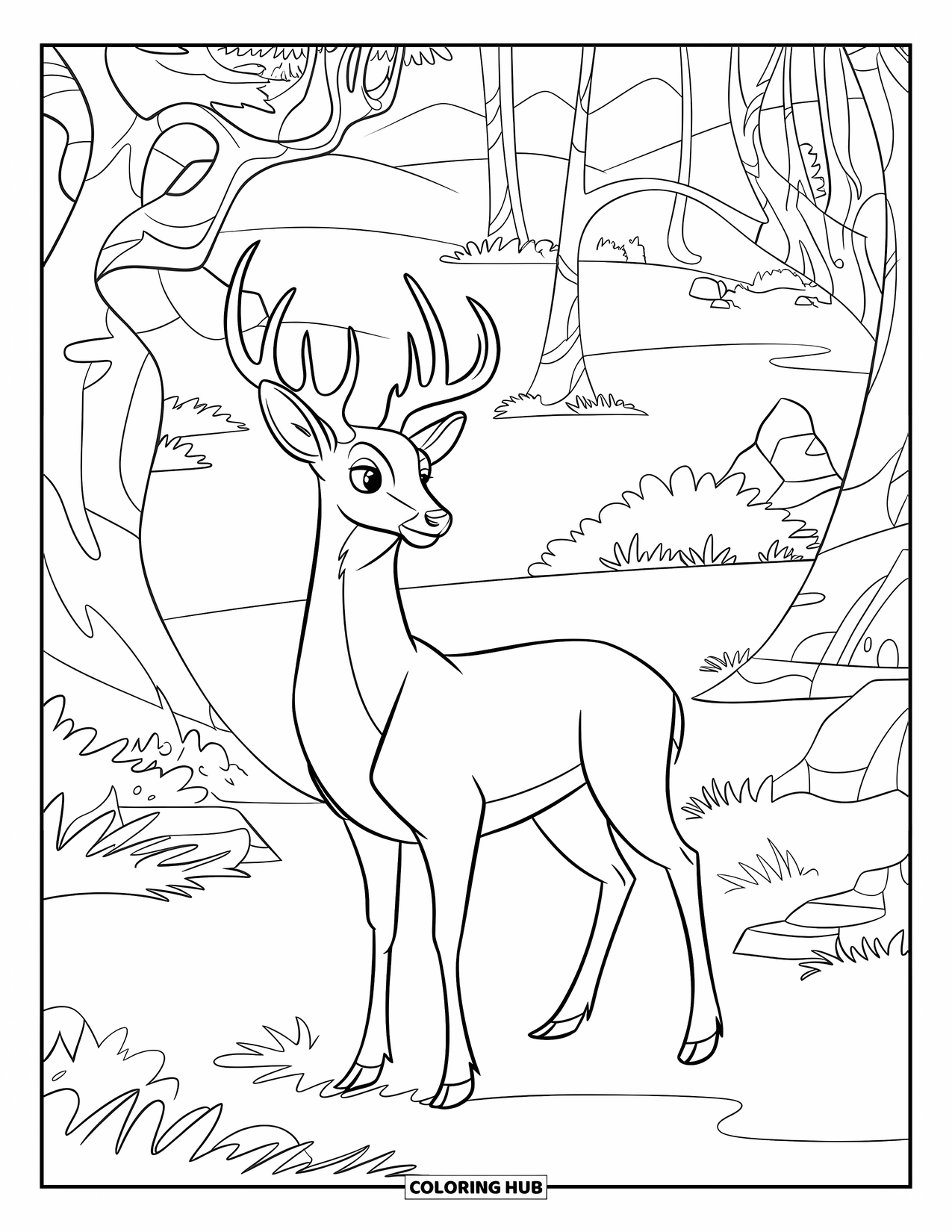 Disegno di cervo da colorare per bambini: Un cervo regale si erge in una radura tranquilla, circondato da alberi e montagne lontane