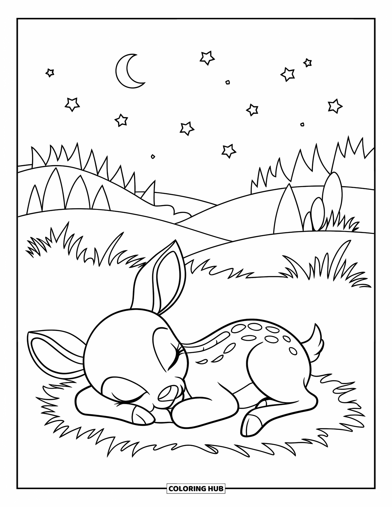 Disegno di cervo da colorare per bambini: Un cerbiatto addormentato riposa su erba soffice sotto un cielo illuminato dalla luna