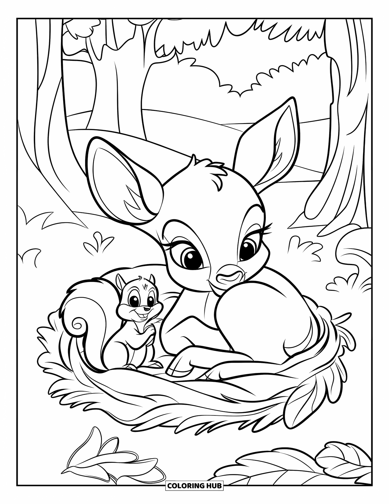 Disegno di cervo da colorare per bambini: Un cerbiatto assonnato si rannicchia in un letto di foglie mentre uno scoiattolo siede nelle vicinanze