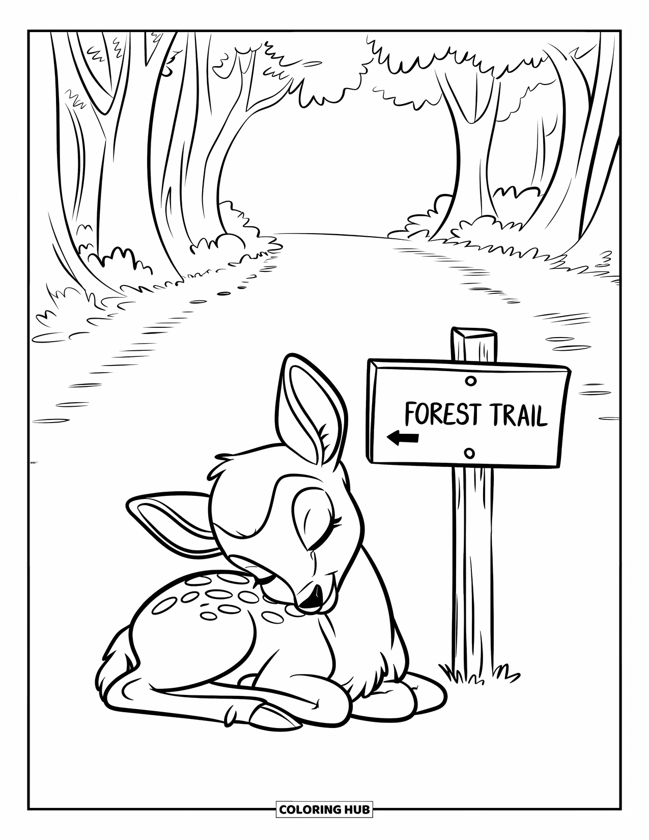 Disegno di cervo da colorare per bambini: Un cerbiatto assonnato riposa vicino a un cartello di legno su un tranquillo sentiero forestale