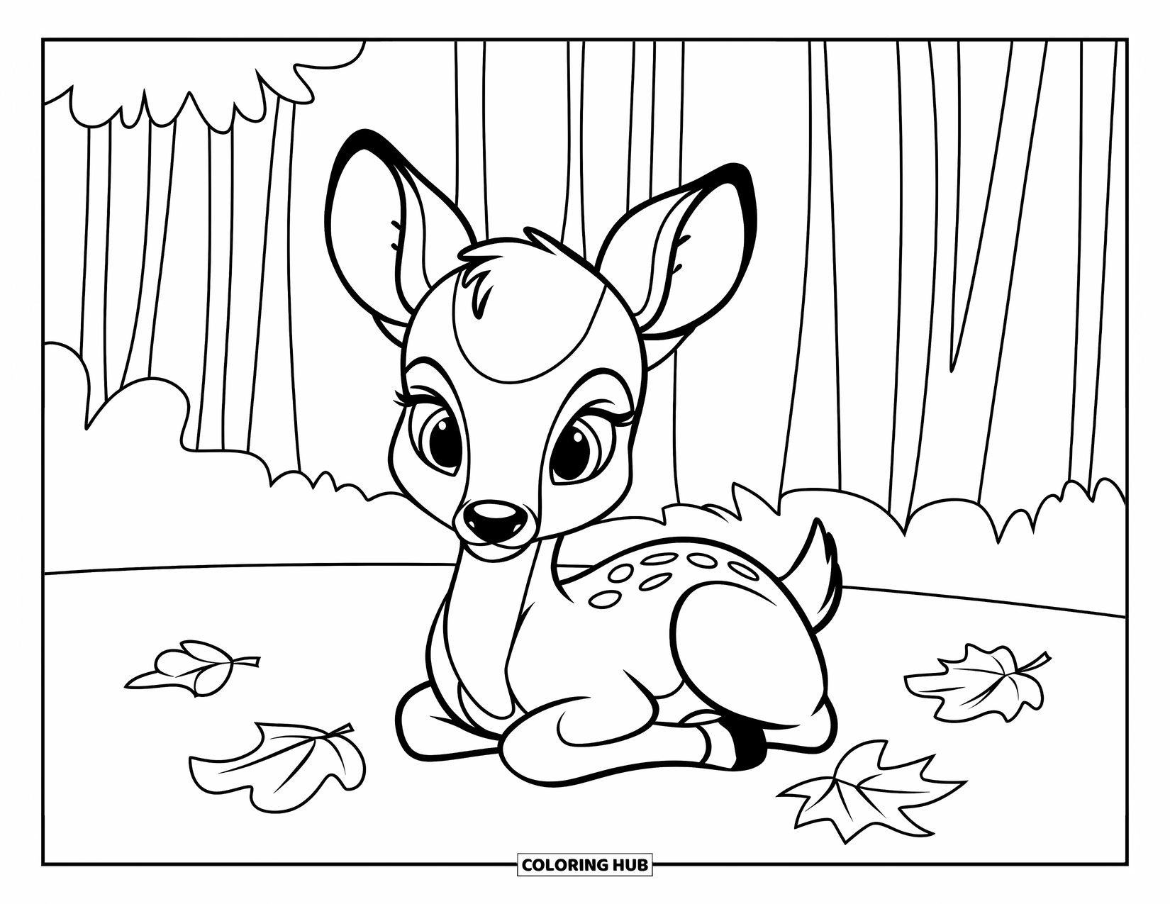Disegno di cervo da colorare per bambini: Un piccolo cervo siede tra le foglie autunnali che cadono in una foresta tranquilla