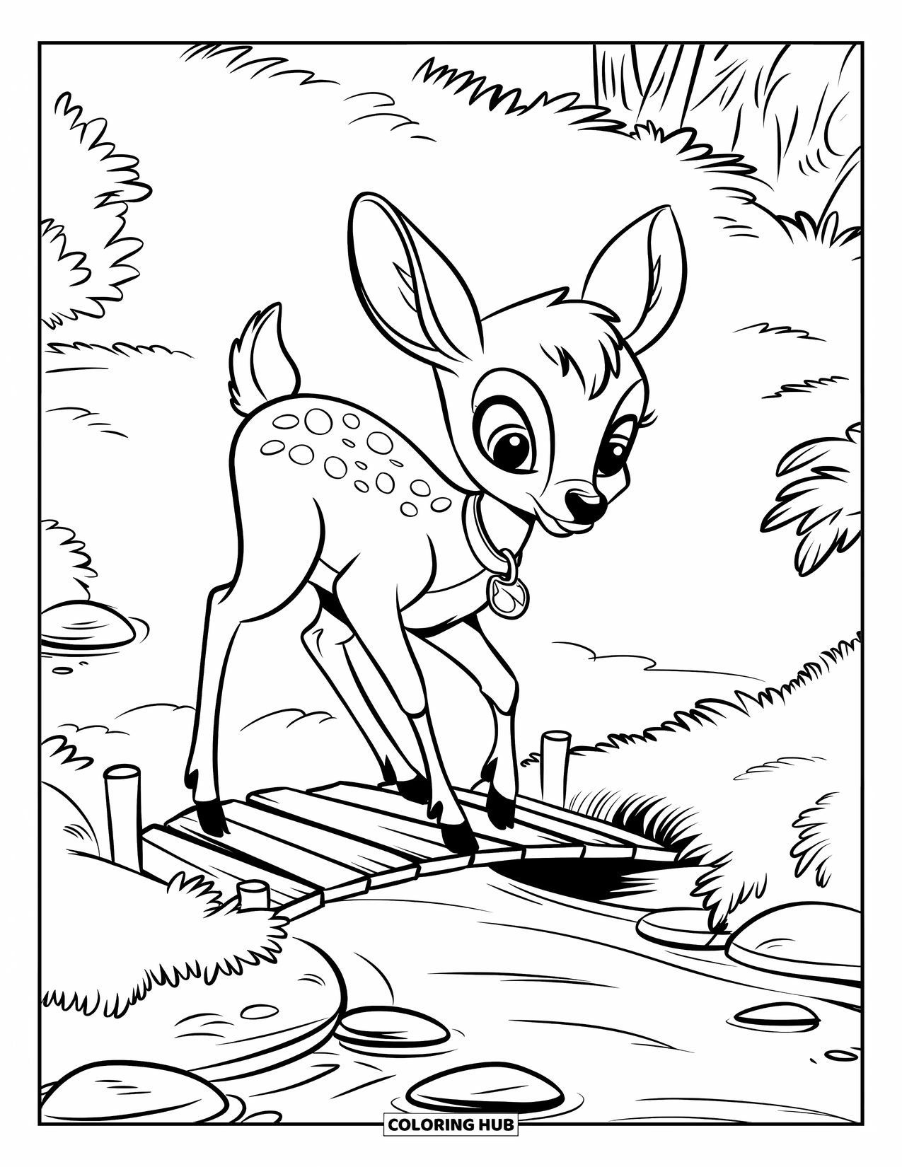 Disegno di cervo da colorare per bambini: Un giovane cervo si avventura con cautela su un ponte di legno, circondato da una vegetazione lussureggiante