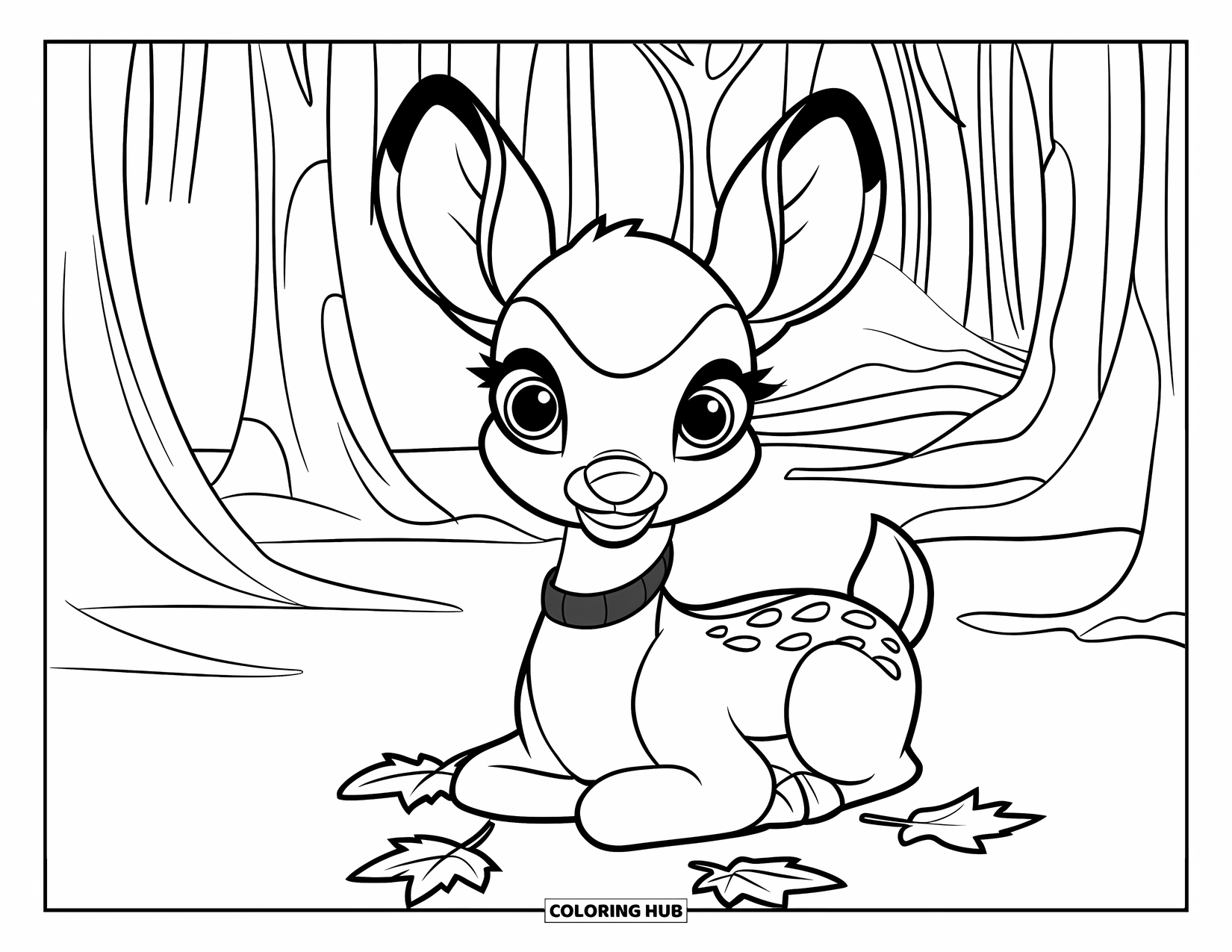 Disegno di cervo da colorare per bambini: Un giovane cervo riposa sull'erba mentre le foglie autunnali fluttuano intorno