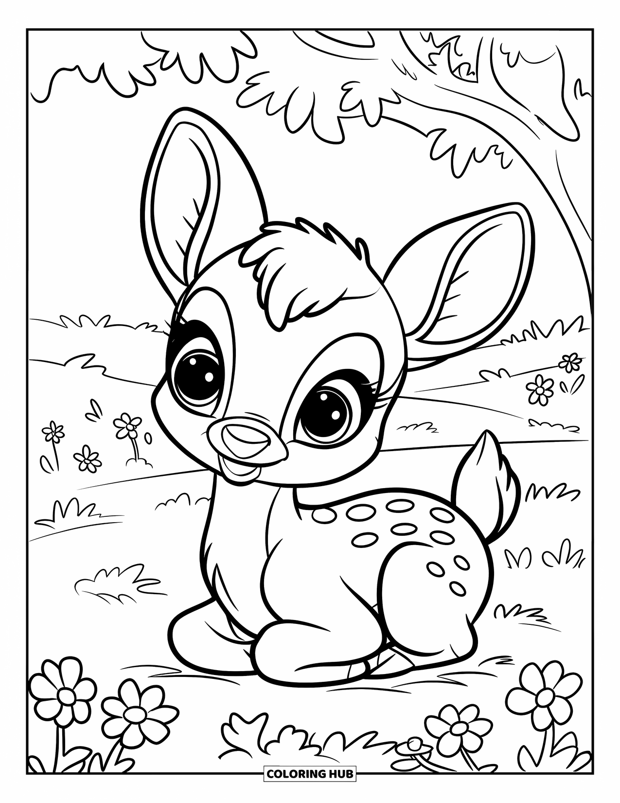 Disegno di cervo da colorare per bambini: Un giovane cervo riposa sotto un albero, circondato da fiori in fiore