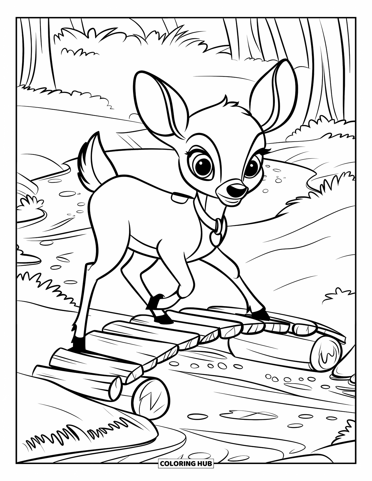 Disegno di cervo da colorare per bambini: Un giovane cervo si avventura con cautela su un ponte di legno sopra un ruscello limpido e poco profondo