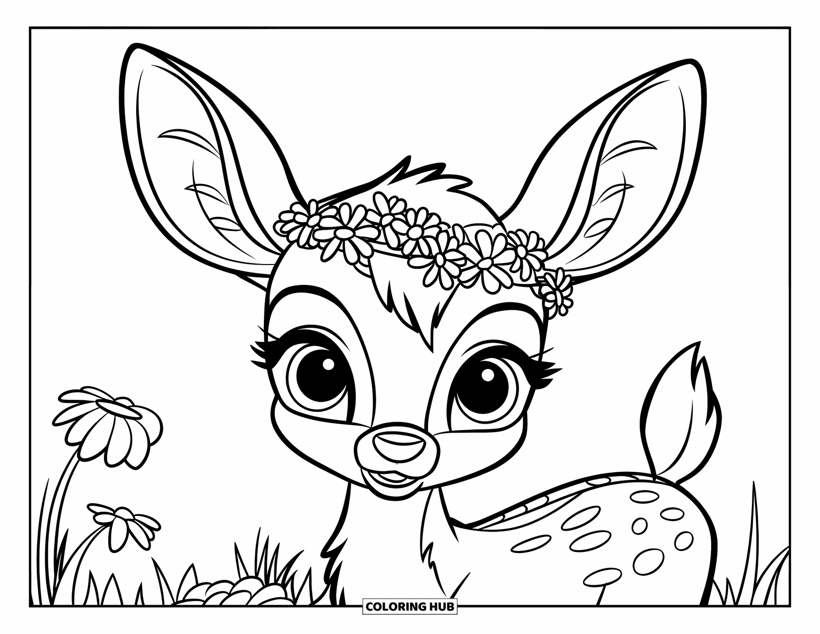 Disegno di cervo da colorare per bambini: Un giovane cervo con una corona di fiori si erge in un prato pieno di farfalle