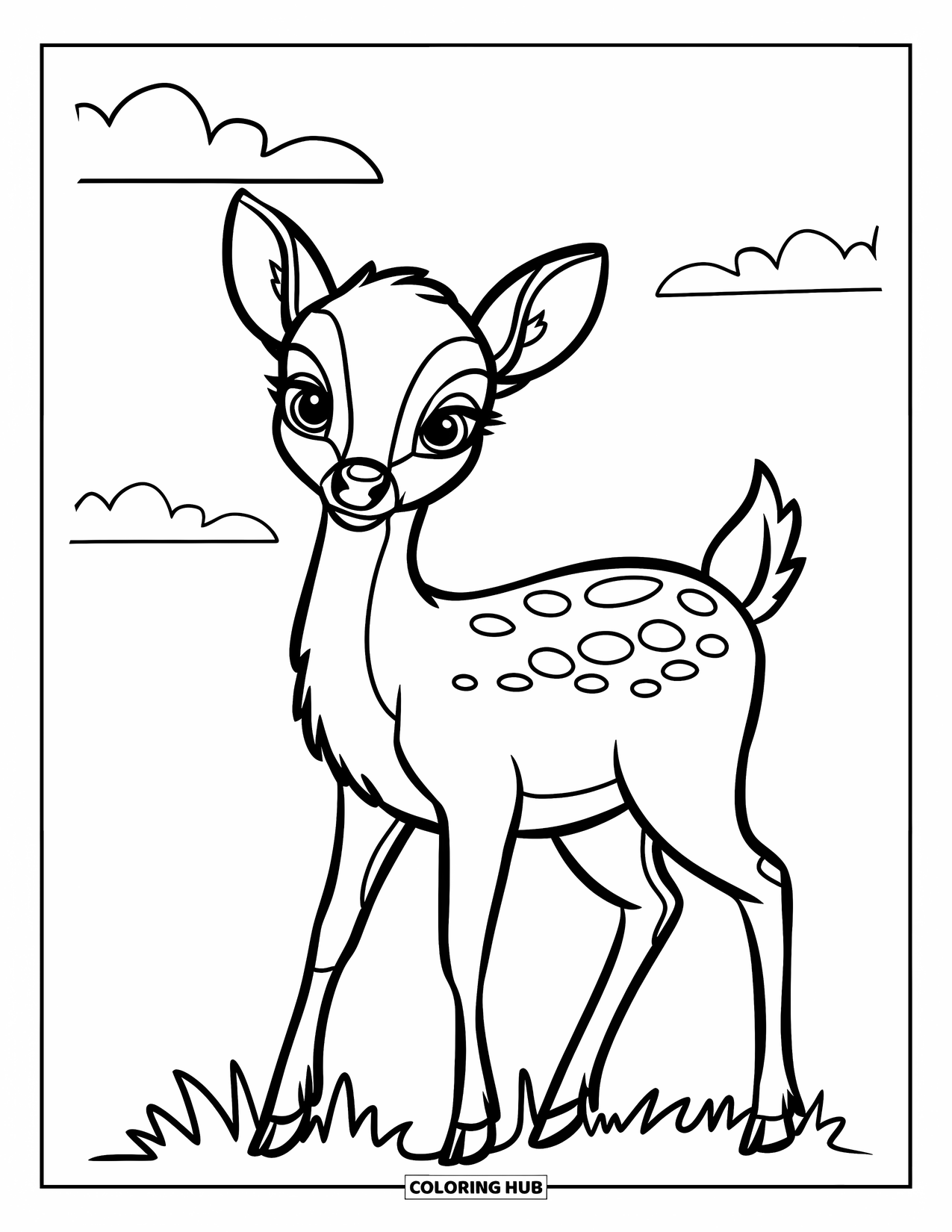 Disegno di cervo da colorare per bambini: Un giovane cervo con piccole corna guarda in su verso il cielo con nuvole soffici