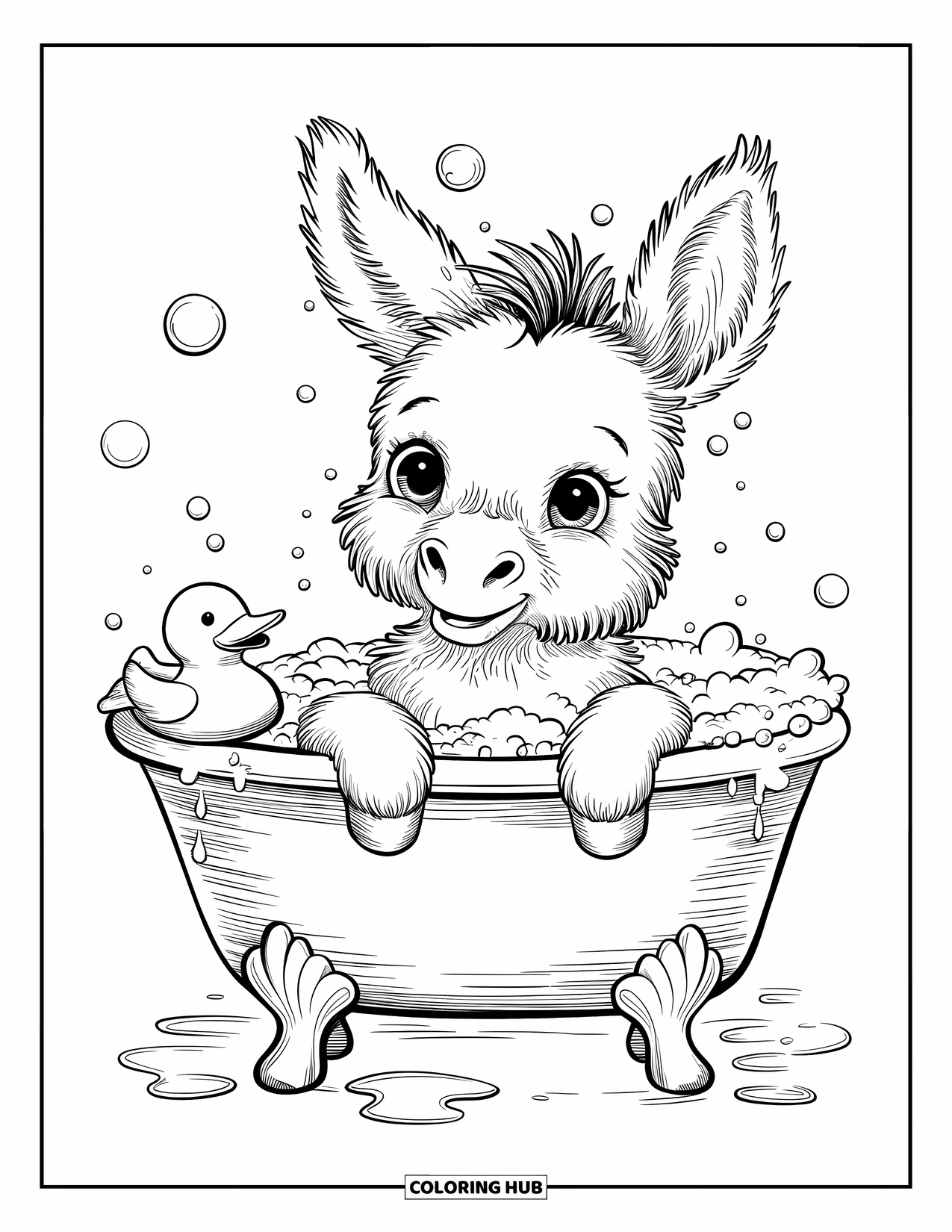 Desenho de burro para colorir para adultos: Um burrinho desfruta de um banho de espuma em uma banheira de madeira com bolhas flutuantes