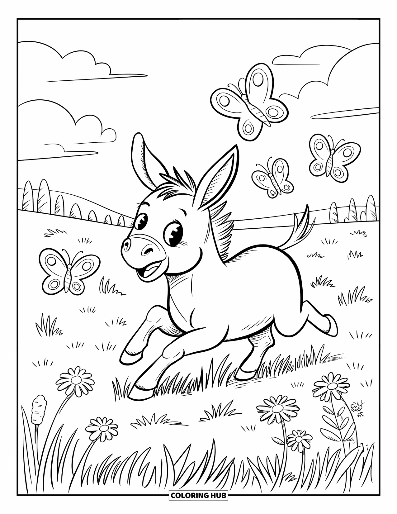 Desenho de burro para colorir para adultos: Um burro alegre salta por um prado, perseguindo borboletas esvoaçantes