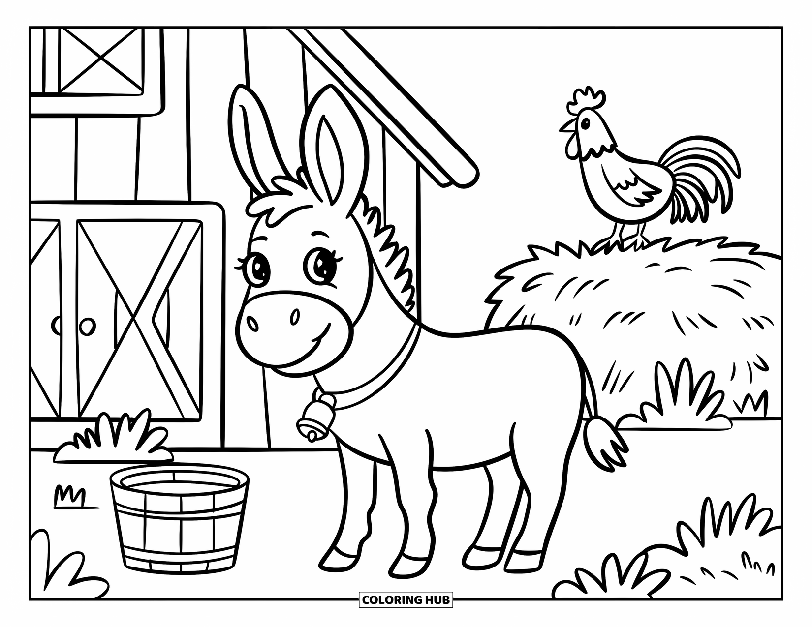 Desenho de Burro para Colorir para Adultos: Uma cena de fazenda aconchegante apresenta um burro, um celeiro e um galo em um palheiro