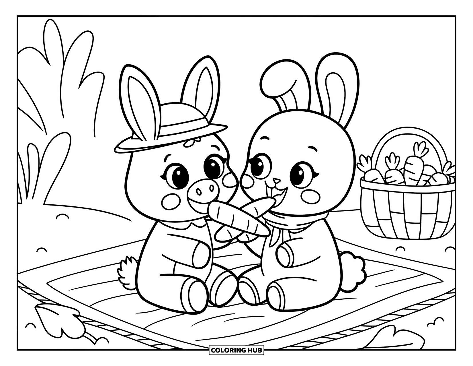 Desenho de burro para colorir para adultos: Um burro e um coelho sentam-se em uma manta de piquenique com uma cesta de cenouras frescas