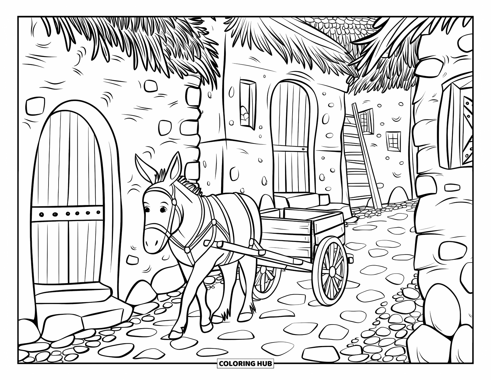 Desenho de burro para colorir para adultos: Um burro carrega uma carroça de madeira por uma aldeia com casas de telhado de palha e caminhos de pedra