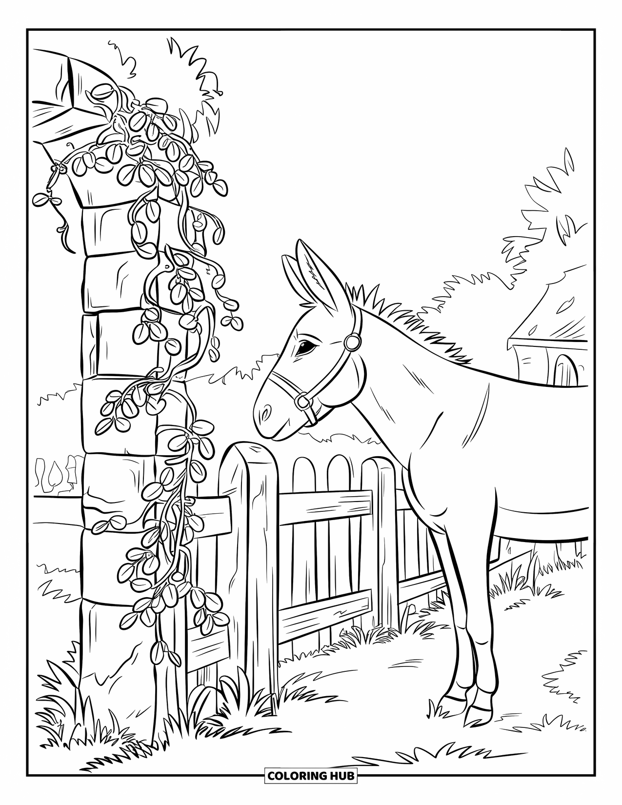 Desenho de burro para colorir para adultos: Um burro olha para uma cerca de pedra desgastada adornada com trepadeiras e desenhos florais