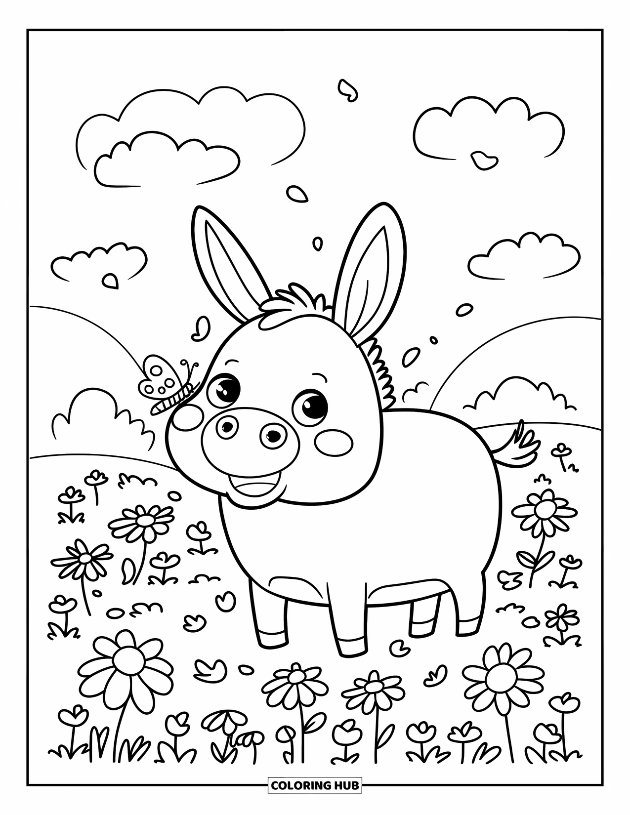 Desenho de Burro para Colorir para Adultos: Um burro em um prado cheio de pétalas observa borboletas voando ao redor