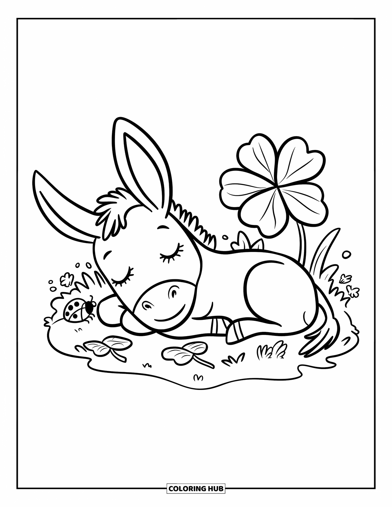 Desenho de burro para colorir para adultos: Um burro cochila em um leito de trevos, com um trevo de quatro folhas da sorte por perto