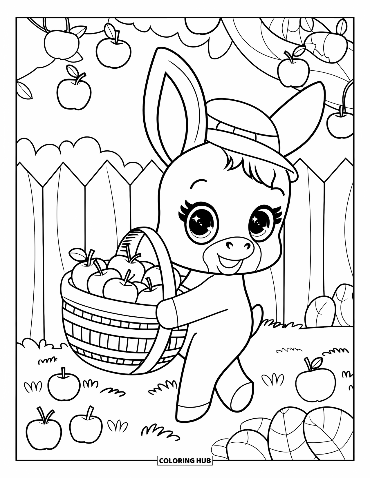 Desenho de burro para colorir para adultos: Um burro perto de uma macieira fica com uma cesta de maçãs nas costas